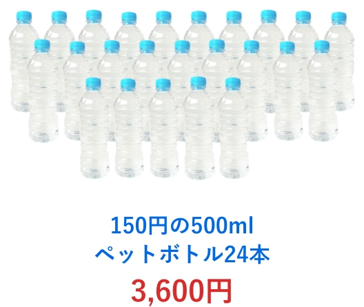 150円の500mlペットボトル24本 3,600円